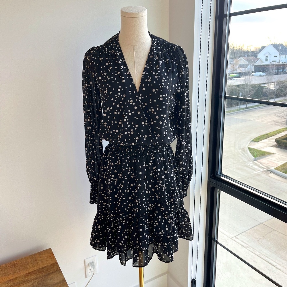 MICHAEL Michael Kors Smocked Ruffled Polka Dot Dress - Black & White - Size Smal